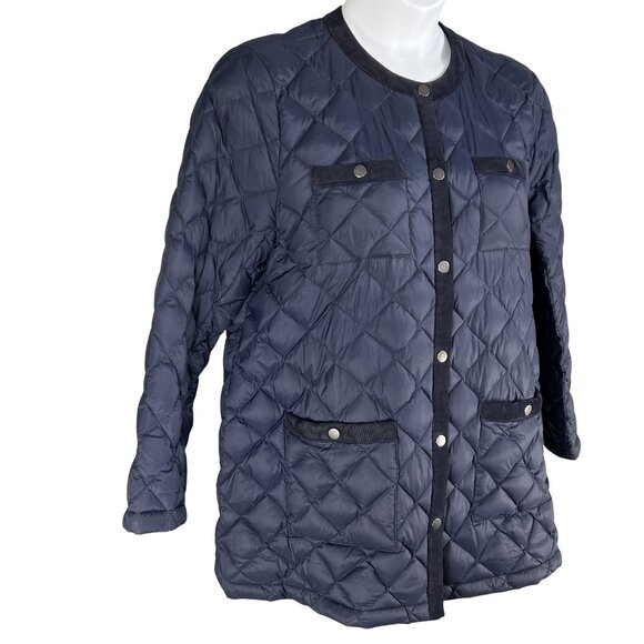J. Jill Womens Lp Navy Diamond Quilted Down Puffer Jacket Corduroy Trim Snap Up - Picture 5 of 15